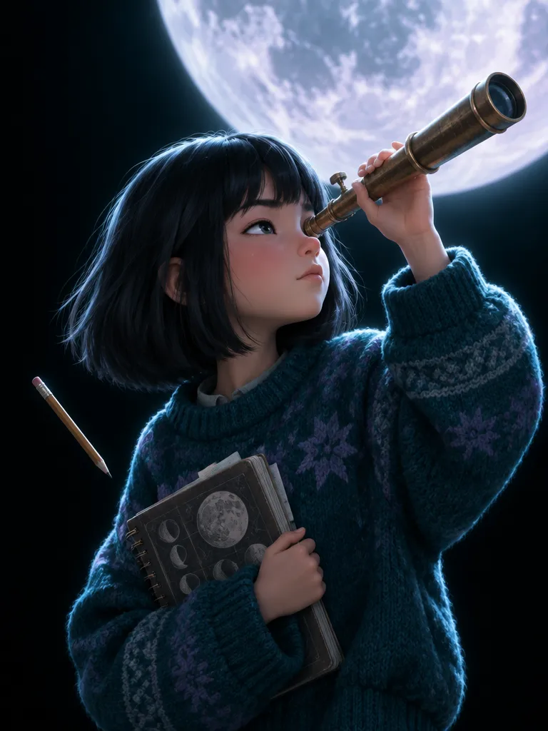 Lulu Park, anak perempuan berambut bob hitam dan sweter rajut, mengintip bulan lewat teleskop kuningan; pensil melayang di sampingnya.