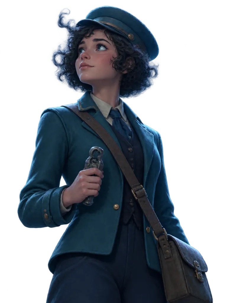 Odile Fenn dengan jaket kondektur teal, tas selempang, dan pons karcis di tangan, menengadah ke arah bulan.