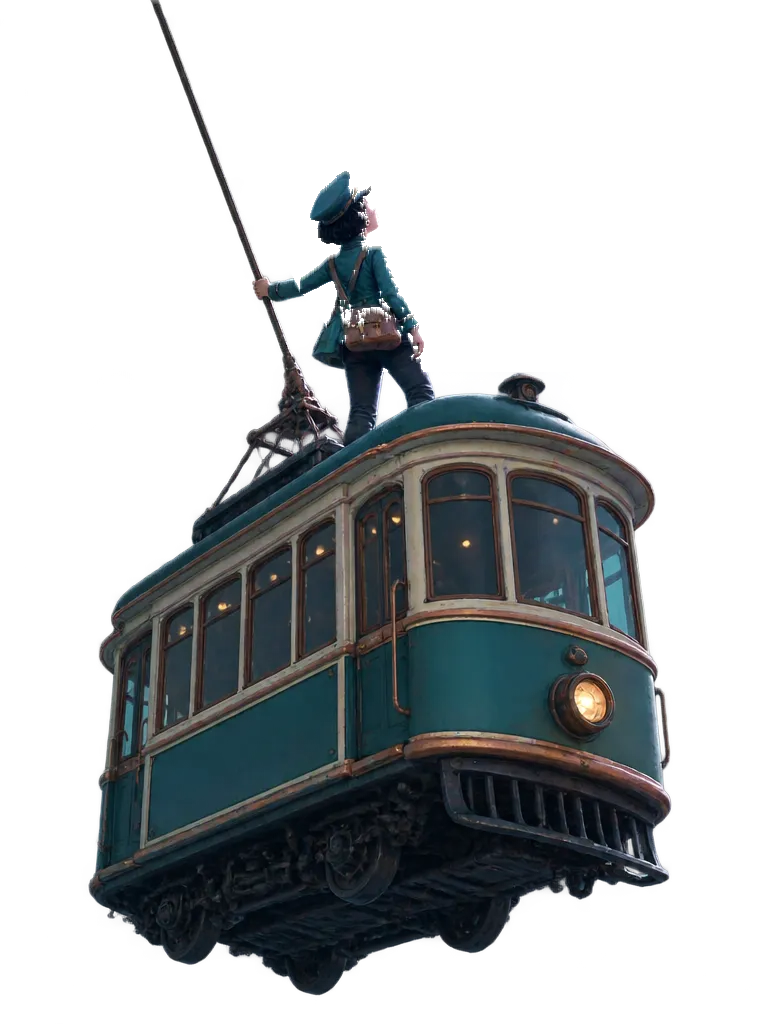 Odile Fenn, kondektur trem, berdiri di atap gerbong yang terangkat dari rel sambil memegang tali tiang troli dan menatap bulan.