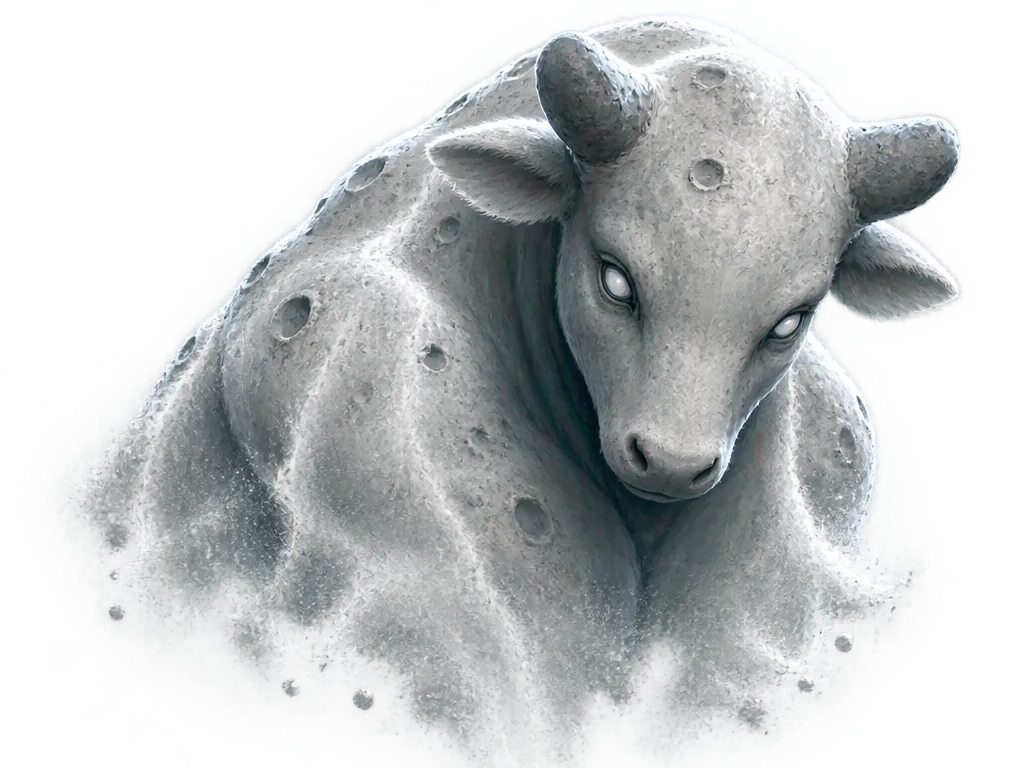 Selkora, makhluk serupa anak lembu raksasa dari debu bulan putih berkawah, menunduk ke arah kota dengan mata pucat kosong.
