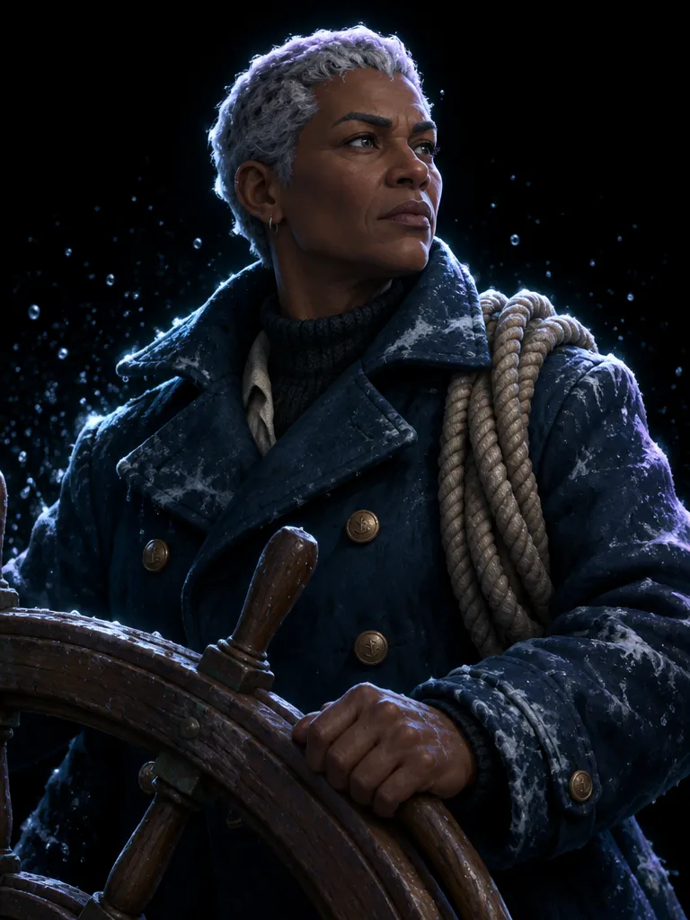 Captain Wren Okoye, perempuan berambut abu cepak dengan mantel navy dan gulungan tali di bahu, memegang kemudi feri.